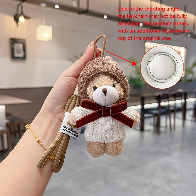 2pcs Creative Cartoon Sweater Set With Little Bear Keychain | Fashionable Mocha Little Bear Bag Pendant, Plush Couple'S Car Keychain, Gift Item, Zinc Alloy And Material