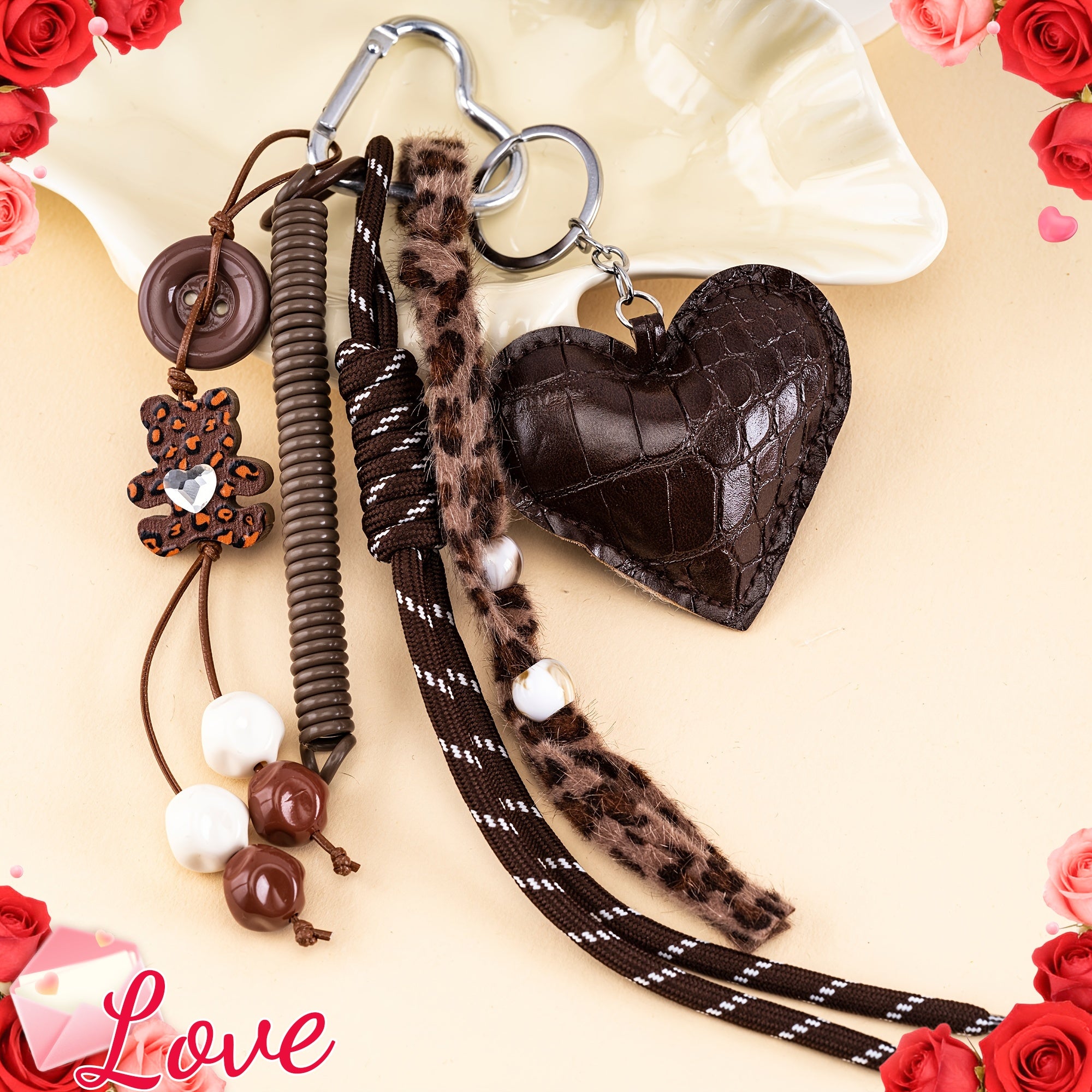 New Keychain for Men and Women, High-End PU Leather Heart Leopard Print Bear Keyring, Luxurious Spring Hand-Woven Keychain, Vintage Gift, Bag Charm, Valentine's Day Gift, Elegant and Cute Bag Accessory