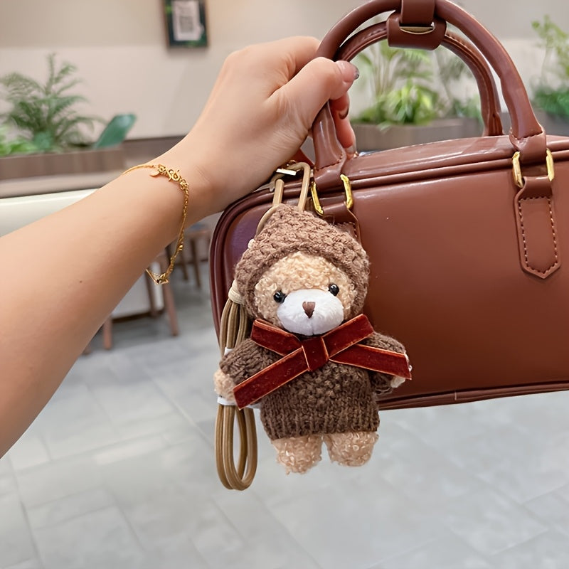 2pcs Creative Cartoon Sweater Set With Little Bear Keychain | Fashionable Mocha Little Bear Bag Pendant, Plush Couple'S Car Keychain, Gift Item, Zinc Alloy And Material