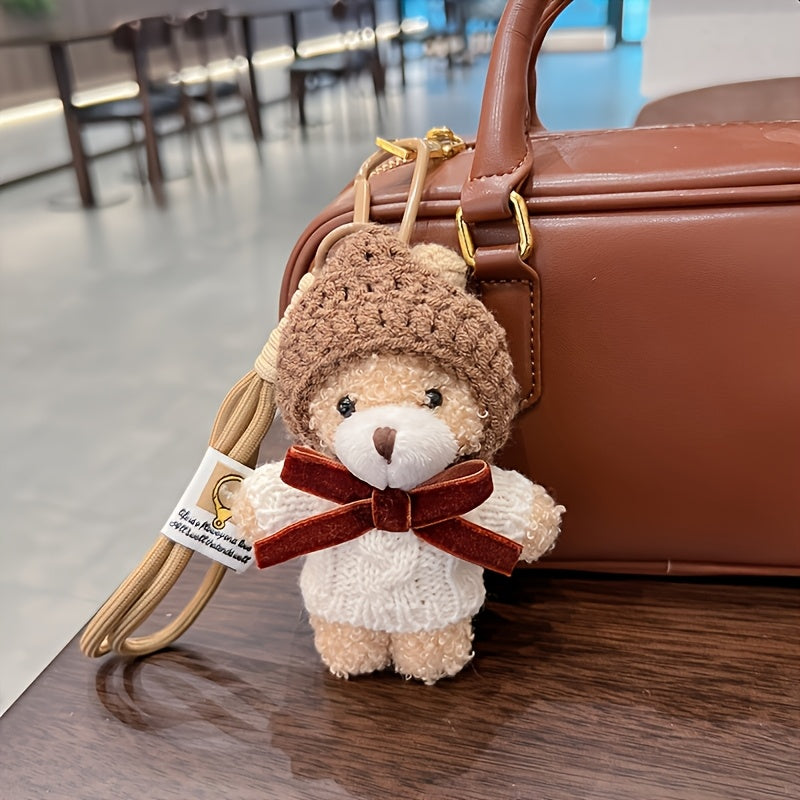 2pcs Creative Cartoon Sweater Set With Little Bear Keychain | Fashionable Mocha Little Bear Bag Pendant, Plush Couple'S Car Keychain, Gift Item, Zinc Alloy And Material