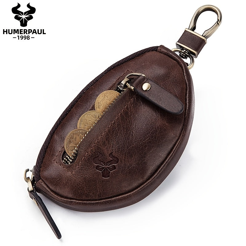 Men's Key Pouch HUMERPAUL Genuine Leather Car Key Holder Fashion Casual Keychain Top-Grain Leather Zippered Coin Purse Travel Accessory; Travel Essential; Suitable for Travel and Outings Christmas Gift
