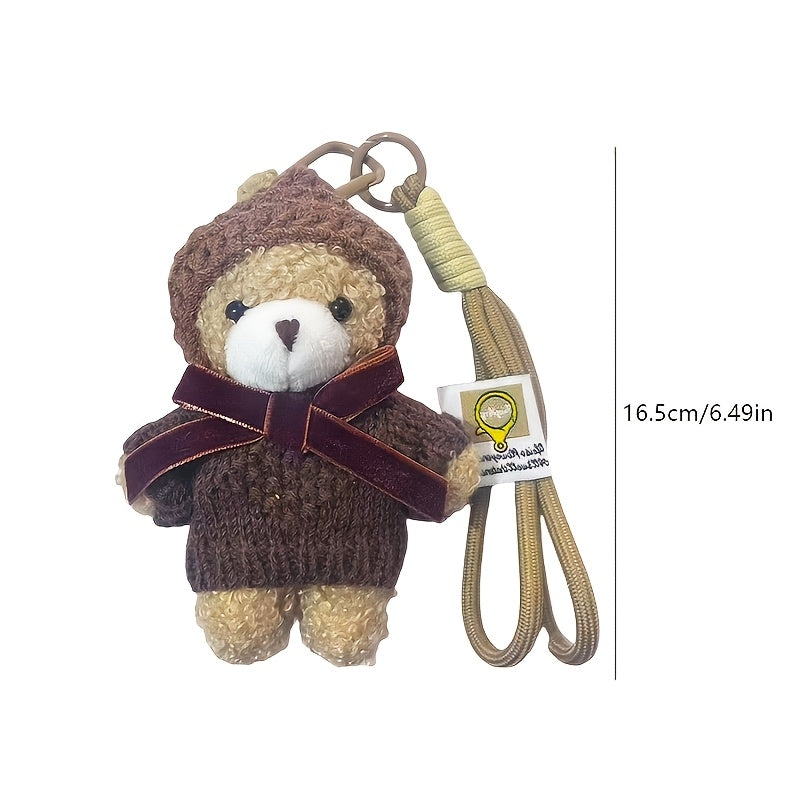2pcs Creative Cartoon Sweater Set With Little Bear Keychain | Fashionable Mocha Little Bear Bag Pendant, Plush Couple'S Car Keychain, Gift Item, Zinc Alloy And Material