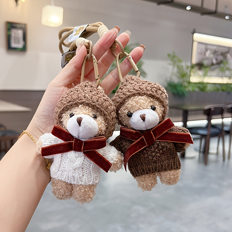 2pcs Creative Cartoon Sweater Set With Little Bear Keychain | Fashionable Mocha Little Bear Bag Pendant, Plush Couple'S Car Keychain, Gift Item, Zinc Alloy And Material