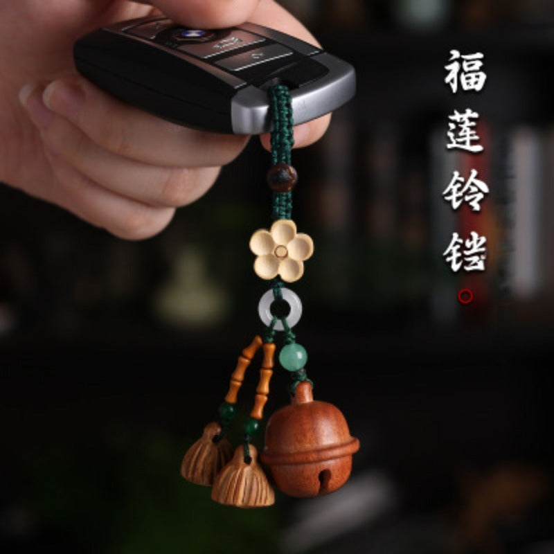Practical Basswood Bell Keychain Pendant| Trendy Design Featuring Wooden for Lotus Seeds and Peach Blossoms, Suitable for All Genders