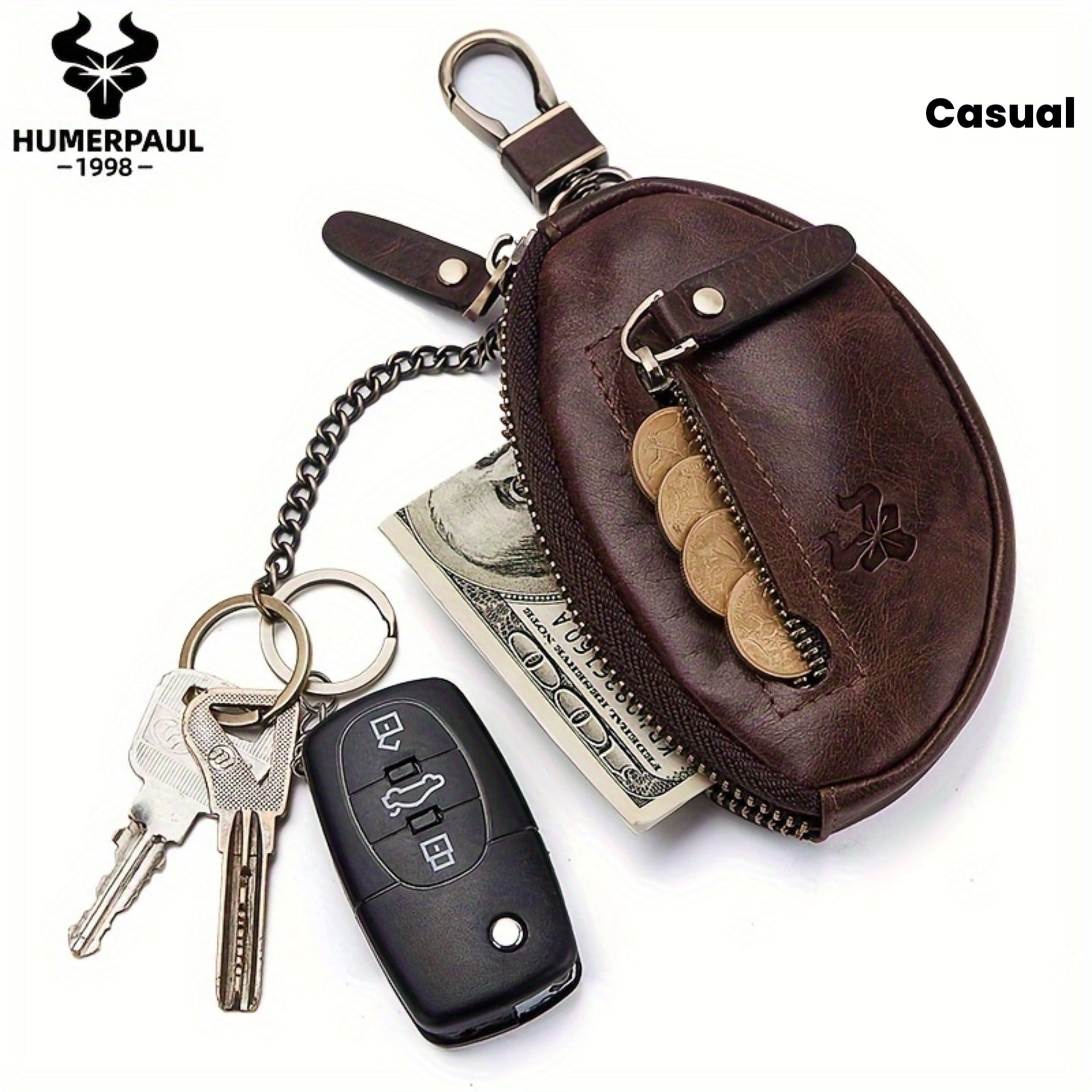Men's Key Pouch HUMERPAUL Genuine Leather Car Key Holder Fashion Casual Keychain Top-Grain Leather Zippered Coin Purse Travel Accessory; Travel Essential; Suitable for Travel and Outings Christmas Gift