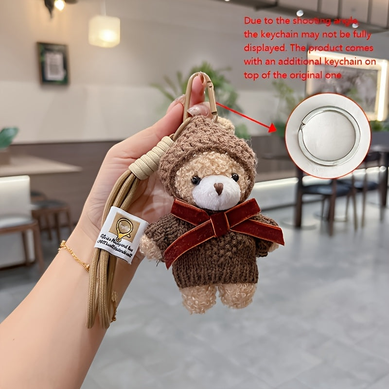 2pcs Creative Cartoon Sweater Set With Little Bear Keychain | Fashionable Mocha Little Bear Bag Pendant, Plush Couple'S Car Keychain, Gift Item, Zinc Alloy And Material