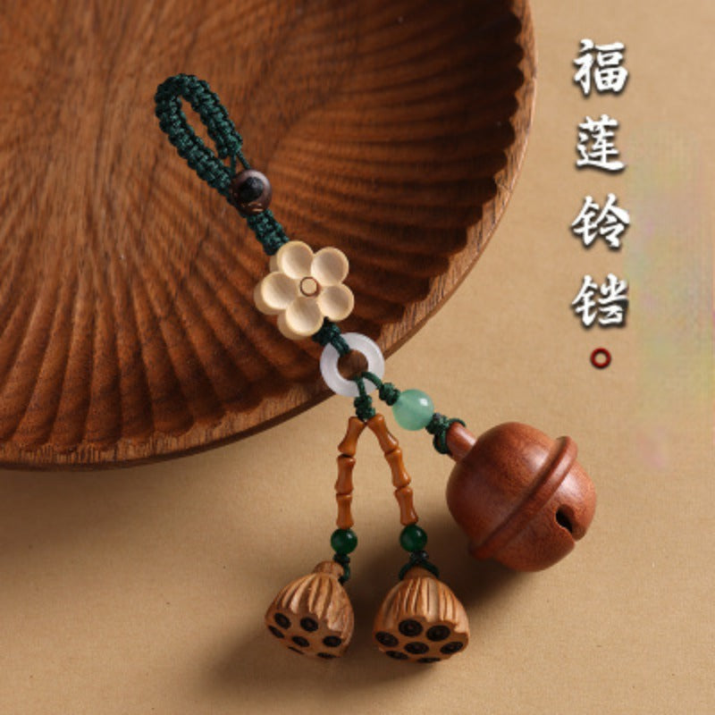 Practical Basswood Bell Keychain Pendant| Trendy Design Featuring Wooden for Lotus Seeds and Peach Blossoms, Suitable for All Genders