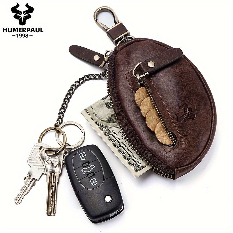 Men's Key Pouch HUMERPAUL Genuine Leather Car Key Holder Fashion Casual Keychain Top-Grain Leather Zippered Coin Purse Travel Accessory; Travel Essential; Suitable for Travel and Outings Christmas Gift
